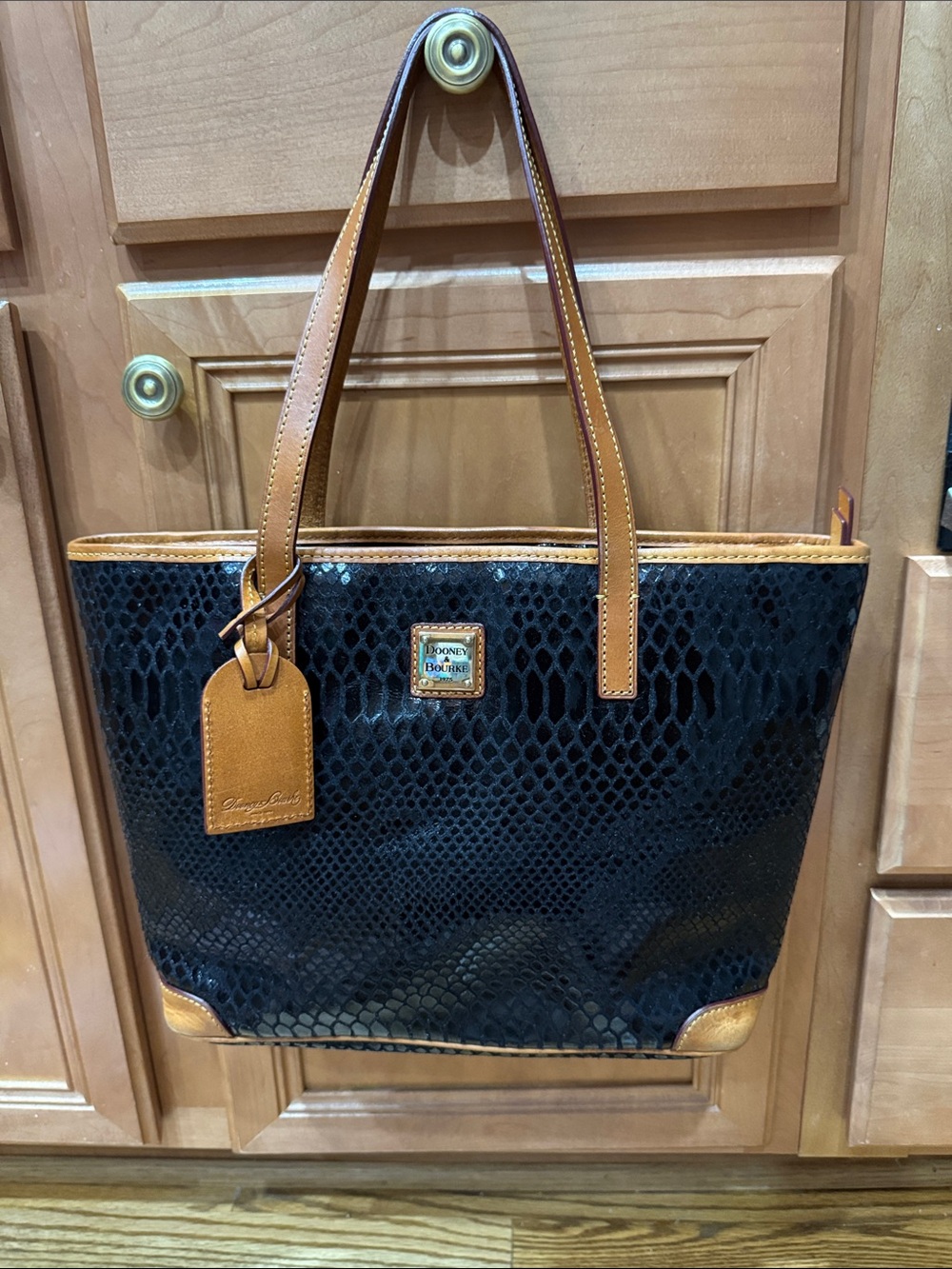 Dooney and Burke Black Snake-Embossed Tote with Tan Trim
